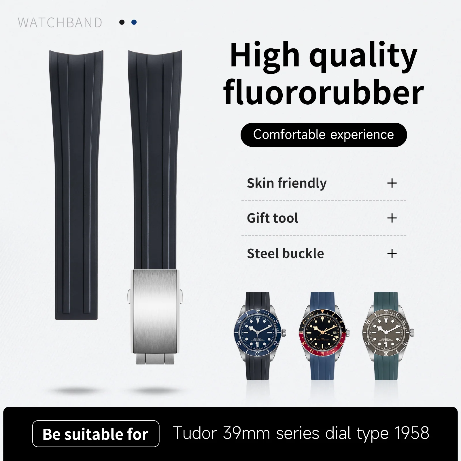 Natural New Soft FKM Fluorous Rubber Watch Bands Cut To Size CTS Adjustable Watchband 20mm For Tudor BB58 Wristband 39mm Dial