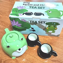 Green Frog Black Tadpole Shaped Creative Porcelain Cute Ceramic Teapot and 2 Tea Cups Sets Kids Japanese Style Teawear Set