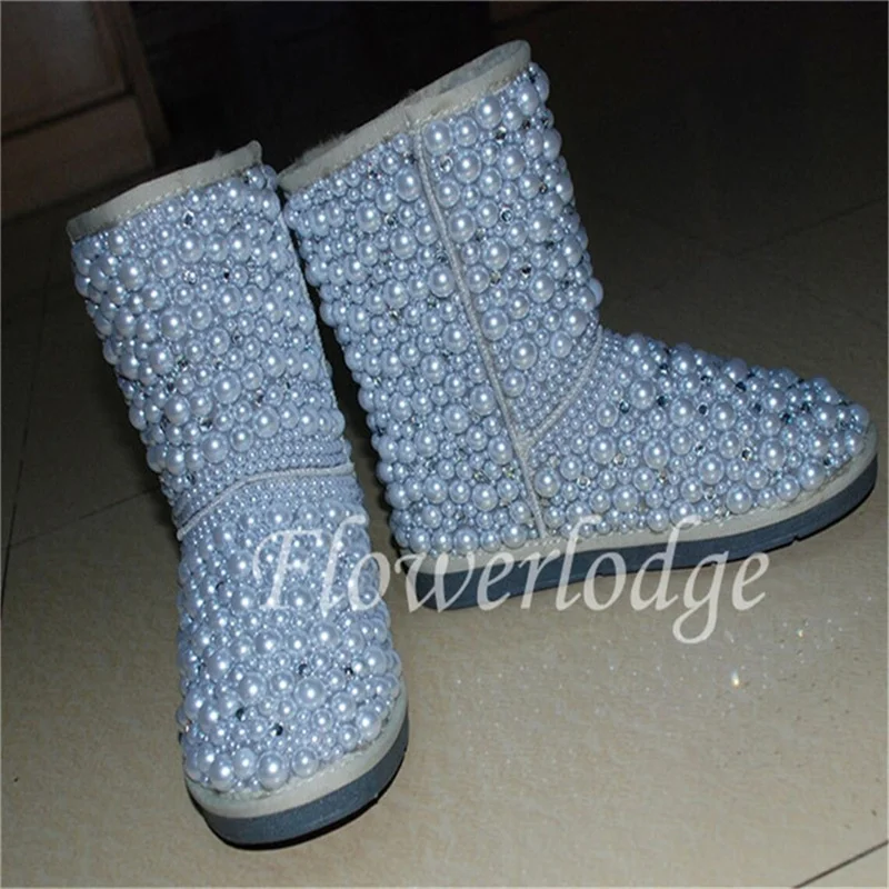 Luxury custom all-pearl rhine-diamond mid-tube fur one snow boots heavy industry women's large size leisure cotton shoes 35-44