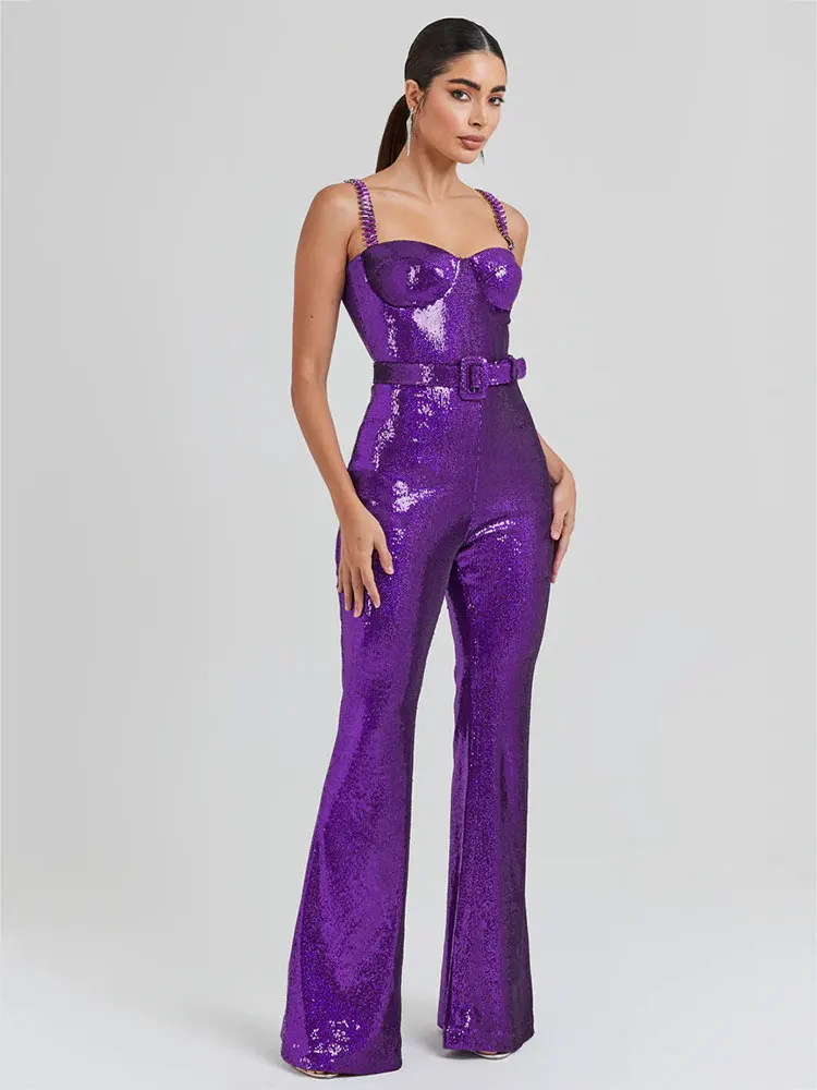 Sexy Women Purple Shining Sequin jumpsuit Spaghetti Strap Beaded Sleeveless Slim Fit Loudspeaked jumpsuit Evening Party jumpsuit