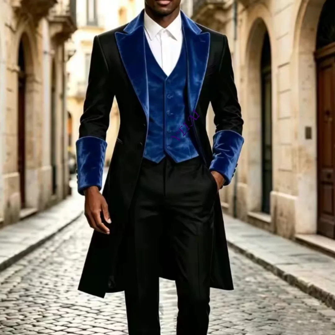 Customized Men Velvet Long Tailcoat 3‑Pieces Wedding Groom Tuxedo Suit Separates Formal Prom Party Blazer with Vest Pants Weddin