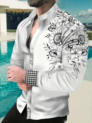 2024 New Comfortable Men's Spring And Autumn Retro Fun Floral Pattern Print shirt, Fashion Casual Street Party Long Sleeve Shirt