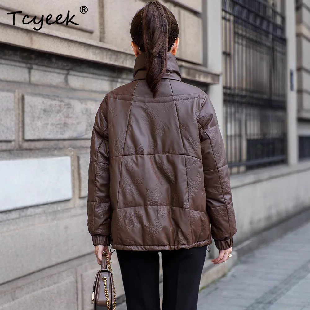 Tcyeek Sheepskin White Duck Down Autumn Winter High End Lapel Dark Brown Women's Genuine Leather Jacket Женская Кожаная Куртка