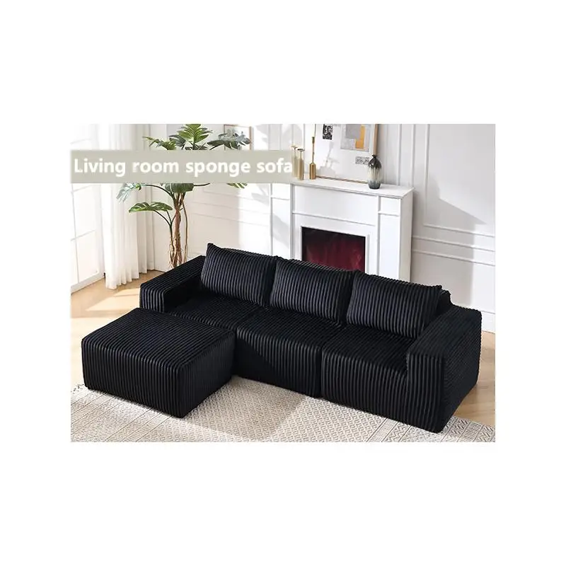 أريكة مقطعية من القماش المعياري على شكل حرف L حديثة وبسيطة مع مقاعد عميقة، كرسي يمين الوجه لغرفة المعيشة - سحابة سوداء