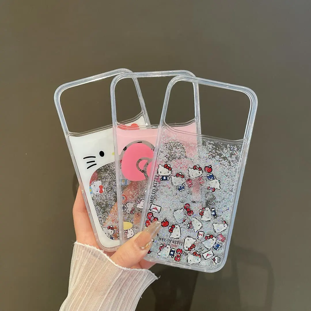 Cute Cartoon Sanrio Hello Kitty Bling Glitter Liquid Quicksand Phone Case For iPhone 17 16 15 14 13 Pro Max Clear Hard Cover view 5