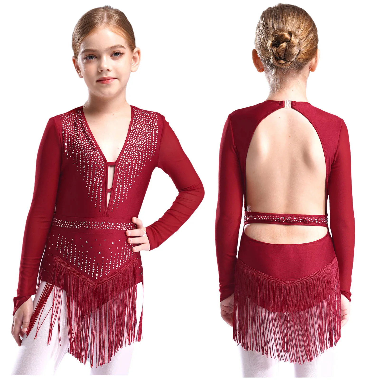 

Kids Girls Tassel Latin Dance Costume Deep V Neck Long Sleeve Cutout Back Sparkly Rhinestones Fringe Leotard for Jazz Gymnastics