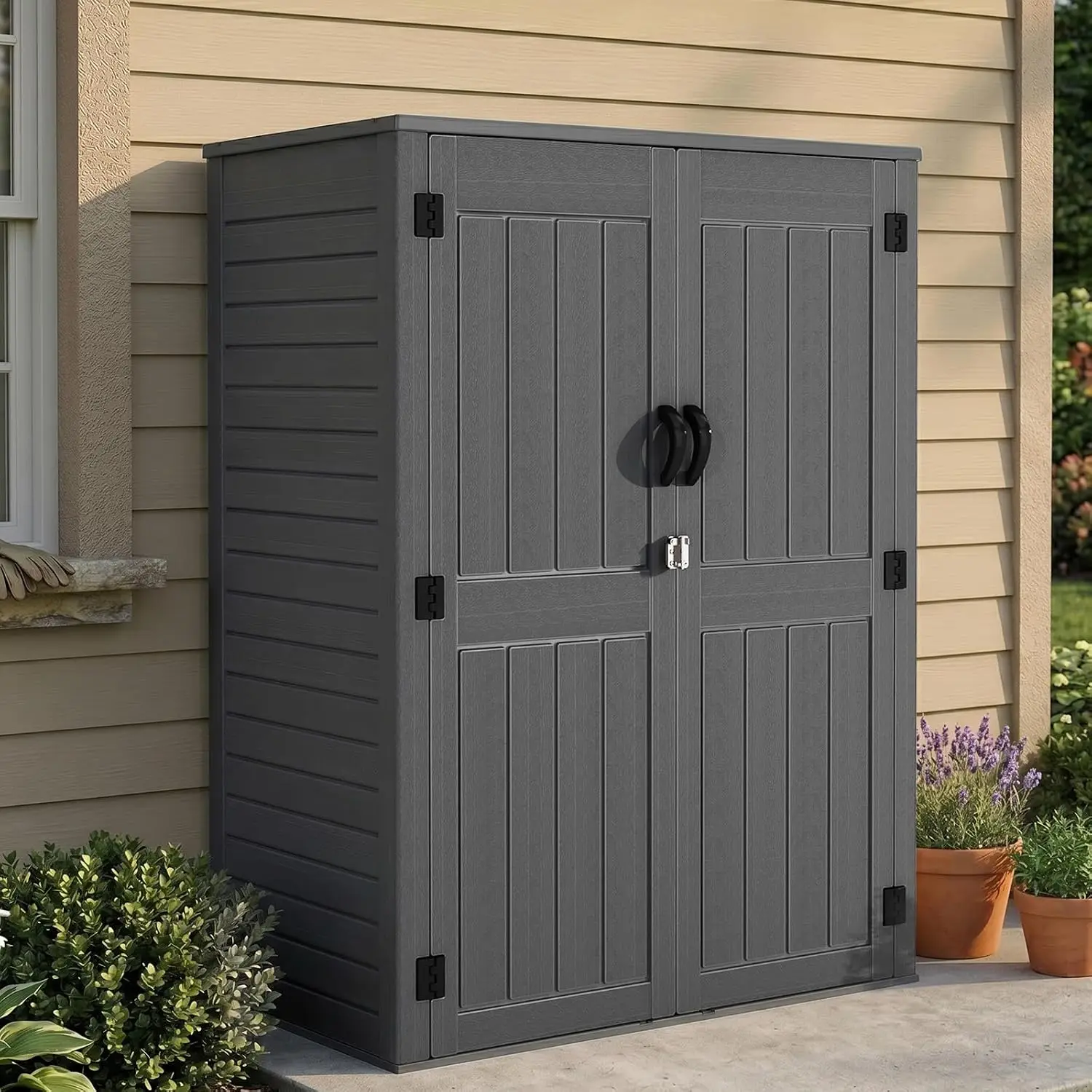 Vertical Resin Storage Shed 60 Cuft Waterproof Plastic Outdoor Cabinet 4.5x2.3ft Backyard Lawn Mower Tool Storage, Customized