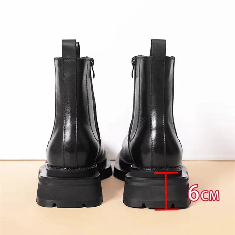 Vintage Luxury Men Chelsea Boots Genuine Leather Thick Sole Side Zipper Work Shoes Motorcycle Boots Business Dress Ankle Boots