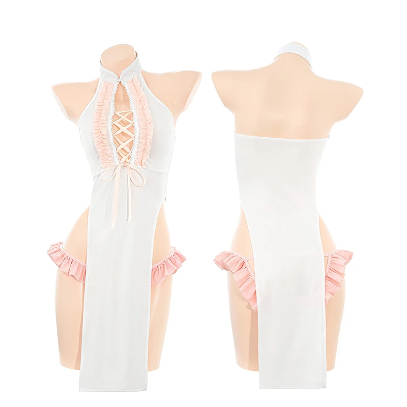 

Anime Sweet Girl Long Pink Cheongsam Sexy Female Evening Party Chinese Style Women Dress Tradition Jacquard Maid Uniform Outfits