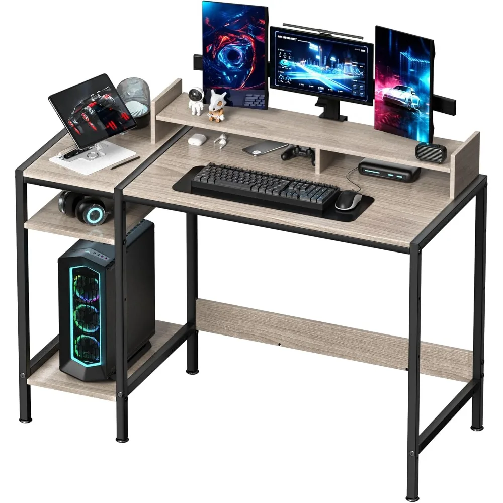 Gaming computer desk with storage space, writing desk for 2 monitors, adjustable storage space, office corner table