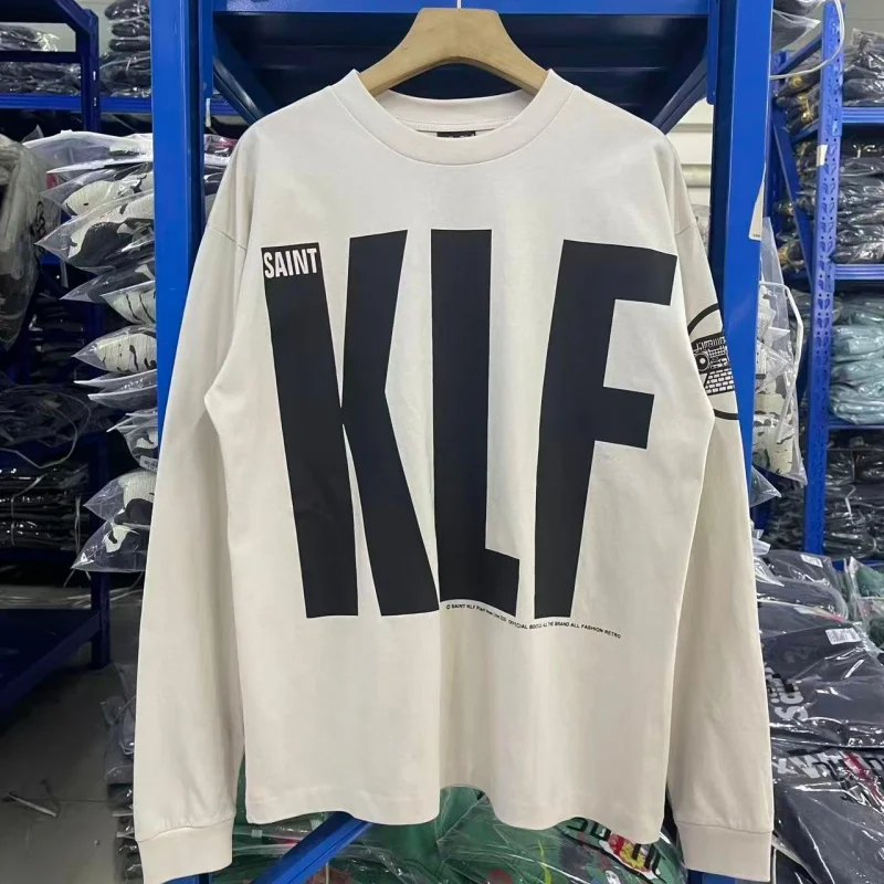 Vintage Off White Long Sleeve T-Shirt Men Big KLF Letter Print Oversized Cotton Top