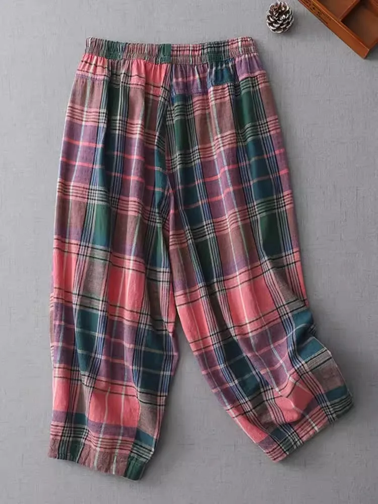 Vintage Plaid Cotton Carrot Pants 2024 New Summer Women Elastic Waist Casual Loose Harem Pants Calf-Length Wide Leg Pants