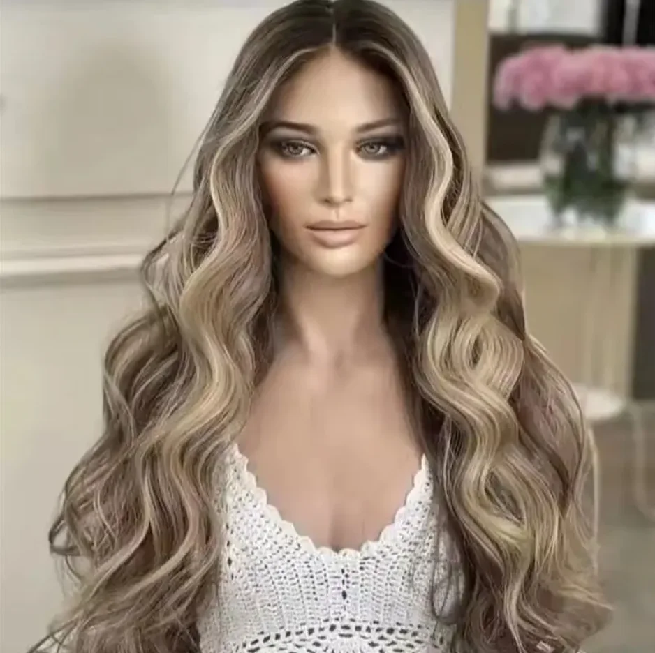 

Средняя часть, темные корни, блондинка, коричневый, мелирование, высокое качество, многослойный, натуральный, предварительно выщипанный, волнистый, коричневый, синтетический парик для тела