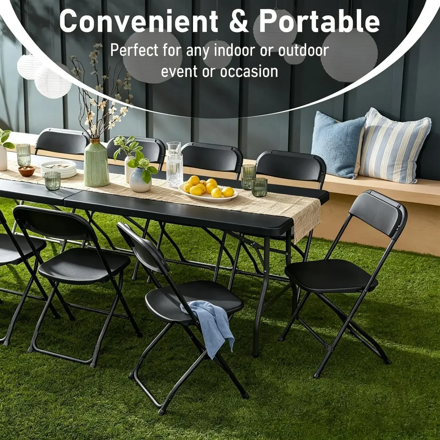 6FT Plastic Folding Table Set with 6 Black Folding Chairs, Portable Heavy Duty Table and Chair Set for Picnic, Party, Training,