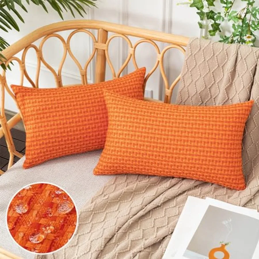 

UGASA Fall Outdoor Waterproof Pillow Covers Pack of 2 Weaving Texture Water Resistant Outside Decorative Pillow Cases for Patio