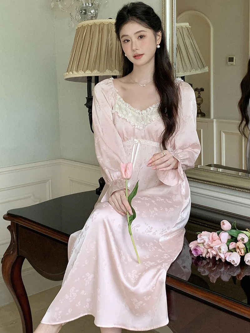 Women French Vintage Pajamas Autumn Fairy Silk Long Sleeve Nightgown Princess Nightgown Night Dress Victorian Home Clothes