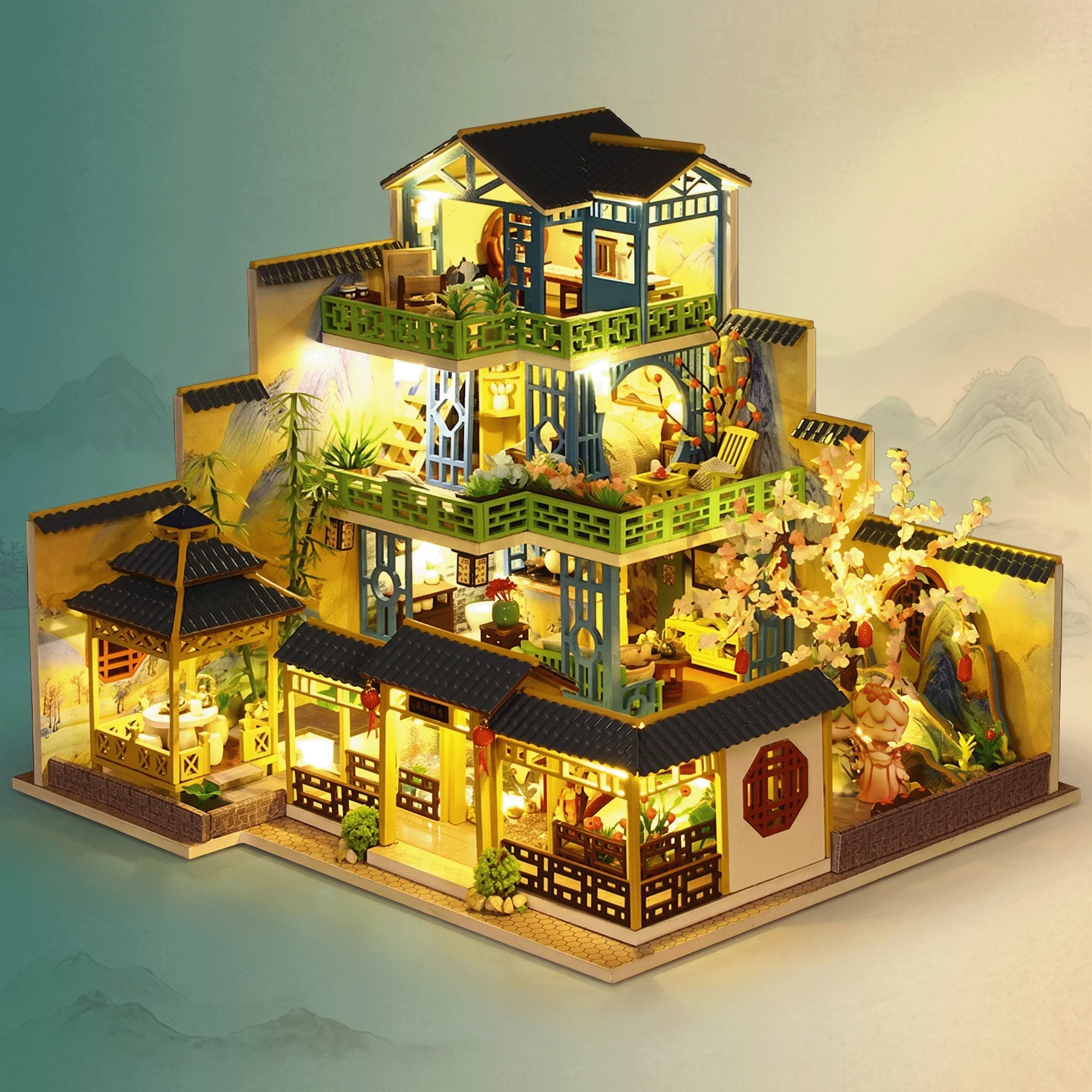 3D Wooden DIY Dollhouse Kit with LED Light, Chinese Courtyard Miniature House Model, Assembly Puzzle Toy Home Decor Gift