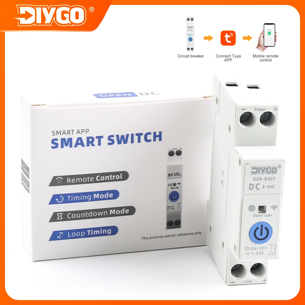 DIY GO DIN Rail 8-90VDC Tuya WiFi Circuit Breaker for Smart Home Real-Time Monitoring No Metering No Voltage Currrent Protect