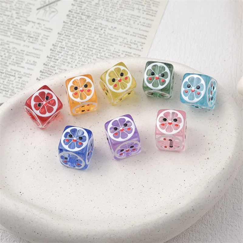 New arrived 100pcs/lot 14mm color Lemon pattern print geometry square shape acrylic beads diy jewelry garment hair accessory