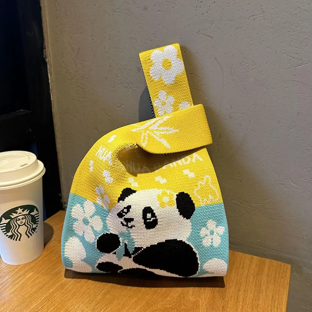 Cute Cartoon Panda Knit Handbag Women Knot Wrist Bag Casual Color Wide Tote Bag Student Shopping Bag For Women