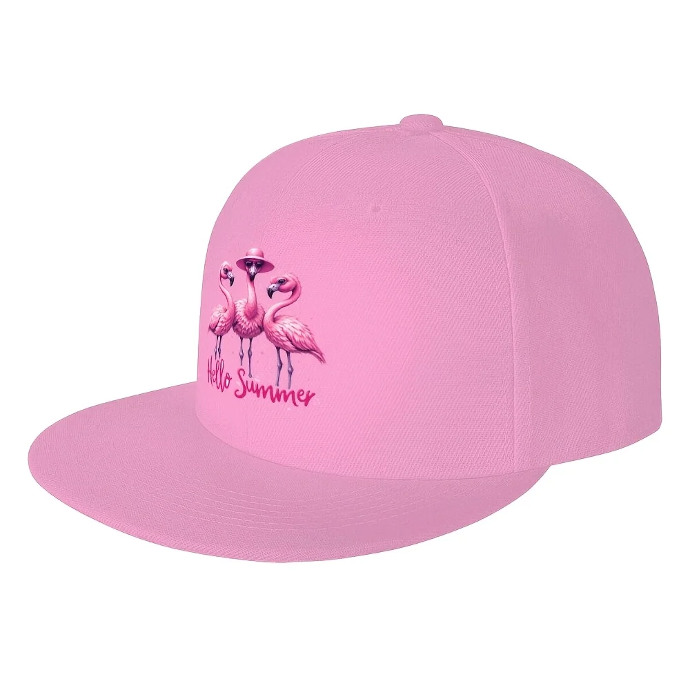 Hello Summer Flamingos Flat Brim Baseball Cap Adjustable Unisex Trendy Snapback Hat for Daily Casual Streetwear Sun Protection