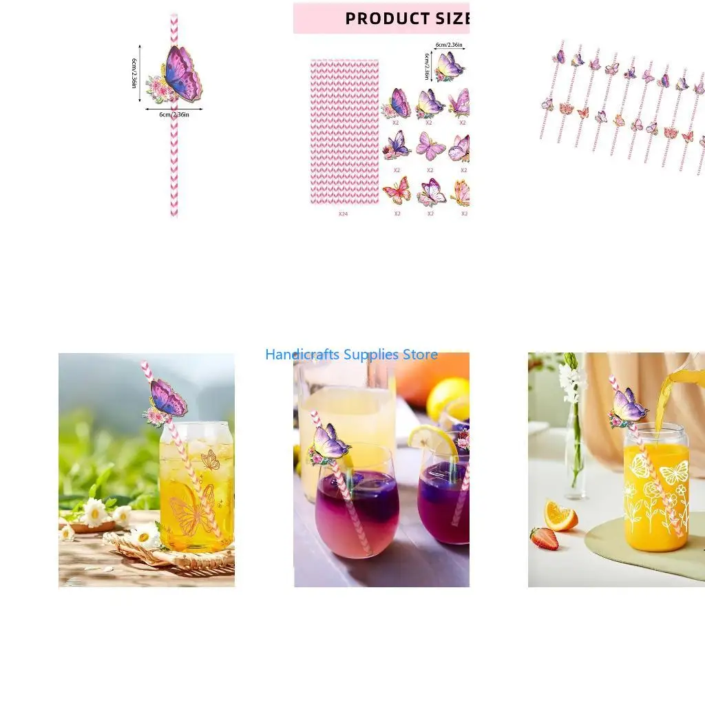 R1WA 24pcs Butterfly Themed Drinking Straw Decorative Biodegradable Stripe Paper Straw for Gatherings Party Supplies