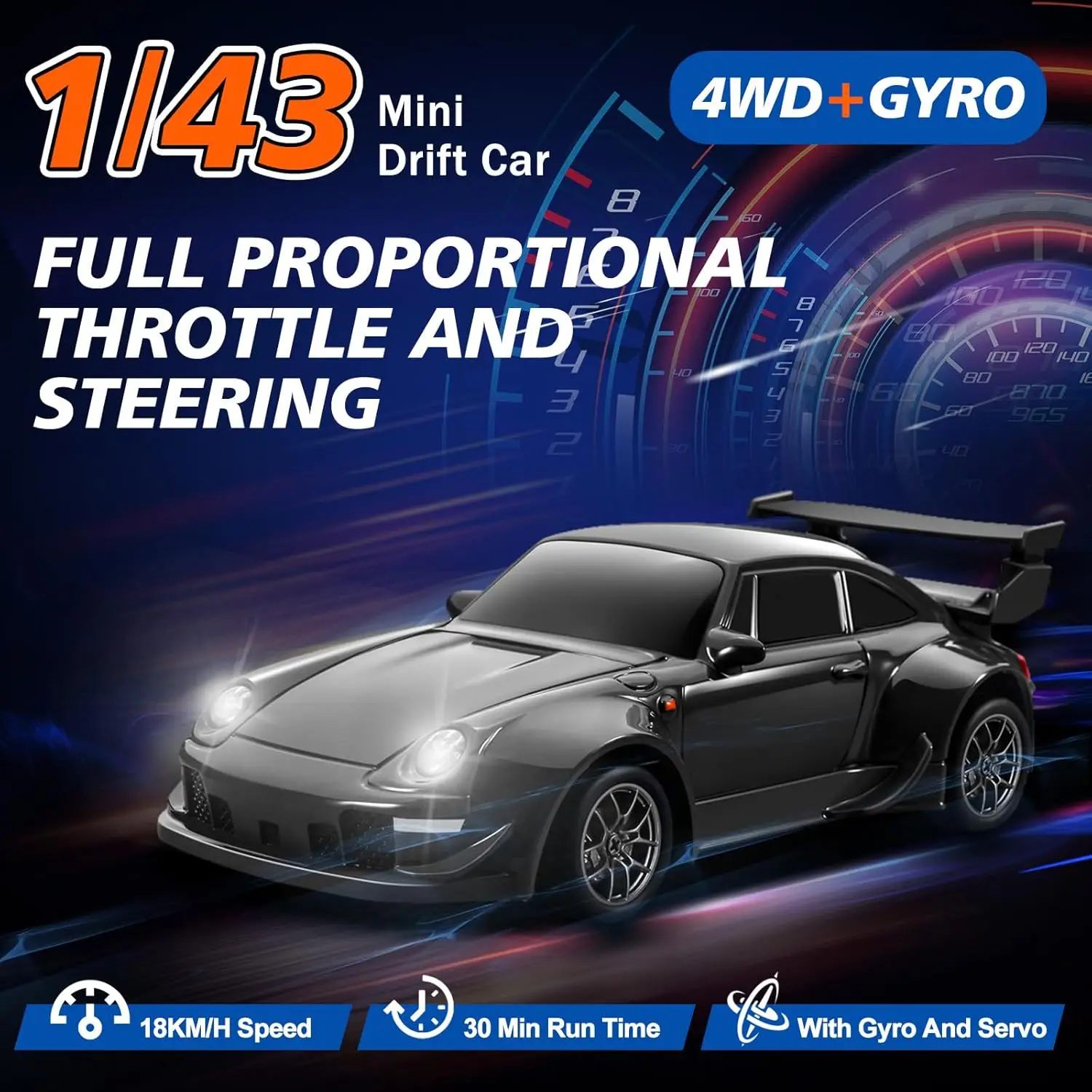 Mini RC Drift Car with Gyro, 1:43 4WD Full Proportional RC Cars, 18KM/H High Speed Remote Control Car with Lights, Extra Racing