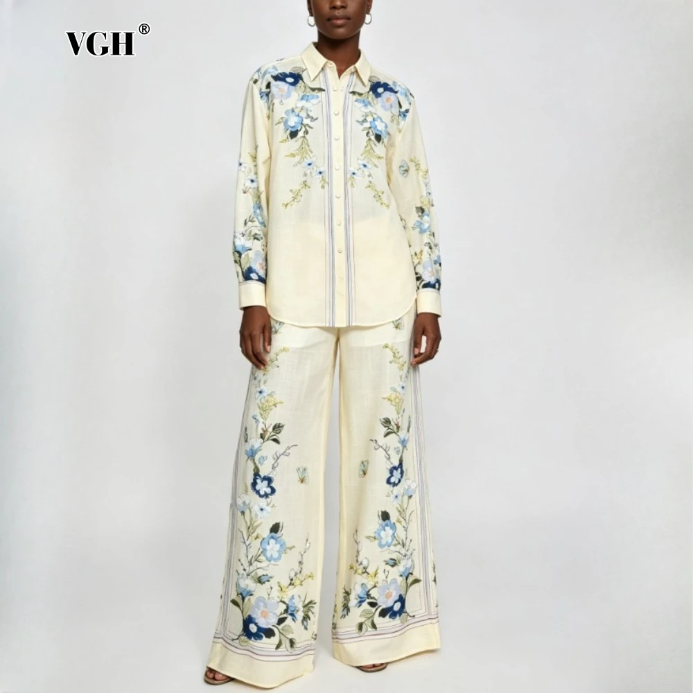 

VGH Solid Spliced Printing Two Piece Set Female Lapel Long Sleeve Shirt Gentle Elegant Women's Pants Sets Summer Fashion Style