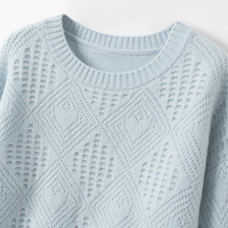 New 100% Premium Cashmere Women O-Neck Heart Jacquard Diamond Hollow-out Knit Pullover Autumn Winter Thick Loose Casual Sweater