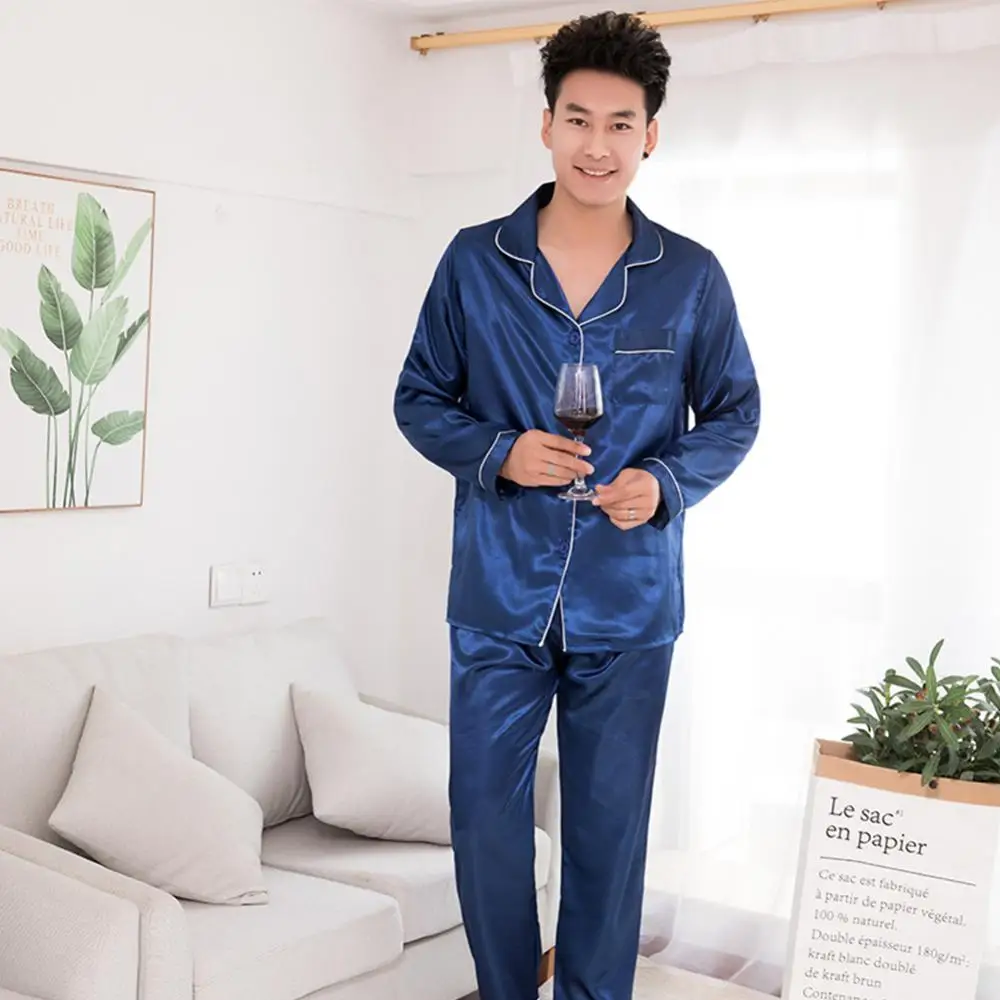 InjSatin-Ensemble de Pyjama Deux Pièces pour Homme, Vêtements de Nuit à Manches sulf, Décontracté, Couleur Unie, Pantalon de Salon