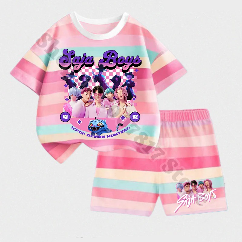 KPop شيطان الصيادين فتاة عادية قميص جذاب مجموعة تي شيرتات قصيرة للأطفال الصيف الاطفال الكرتون ملابس عصرية قصيرة الأكمام تي شيرت السراويل ملابس المنزل #2
