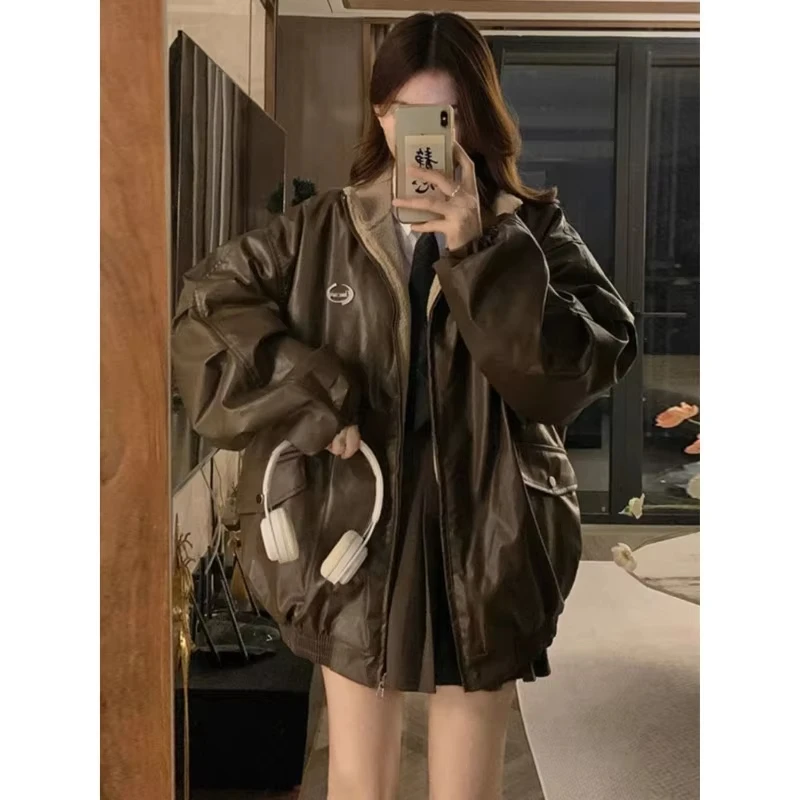 Fashion PU Leather Jacket With Lambswool Coat Both Sides Female Y2K Winter New Velvet Locomotive Cotton-padded Jacket