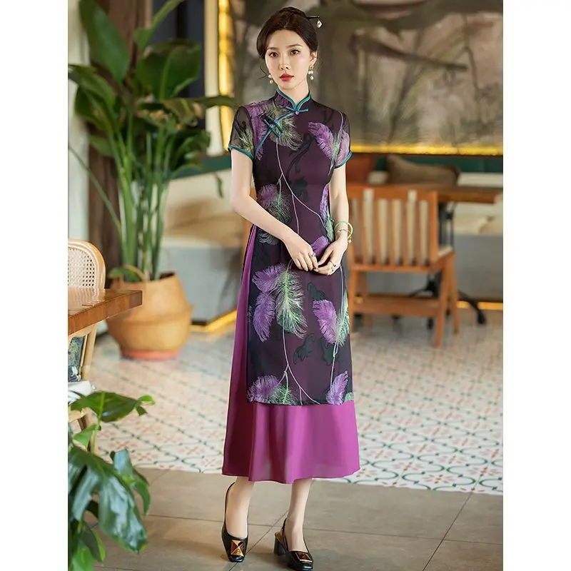 Chinese Traditional Women Qipao Dress Purple Print Short Sleeved Stand Up Collar Improves Modern Cheongsam Elegant Evening Dress