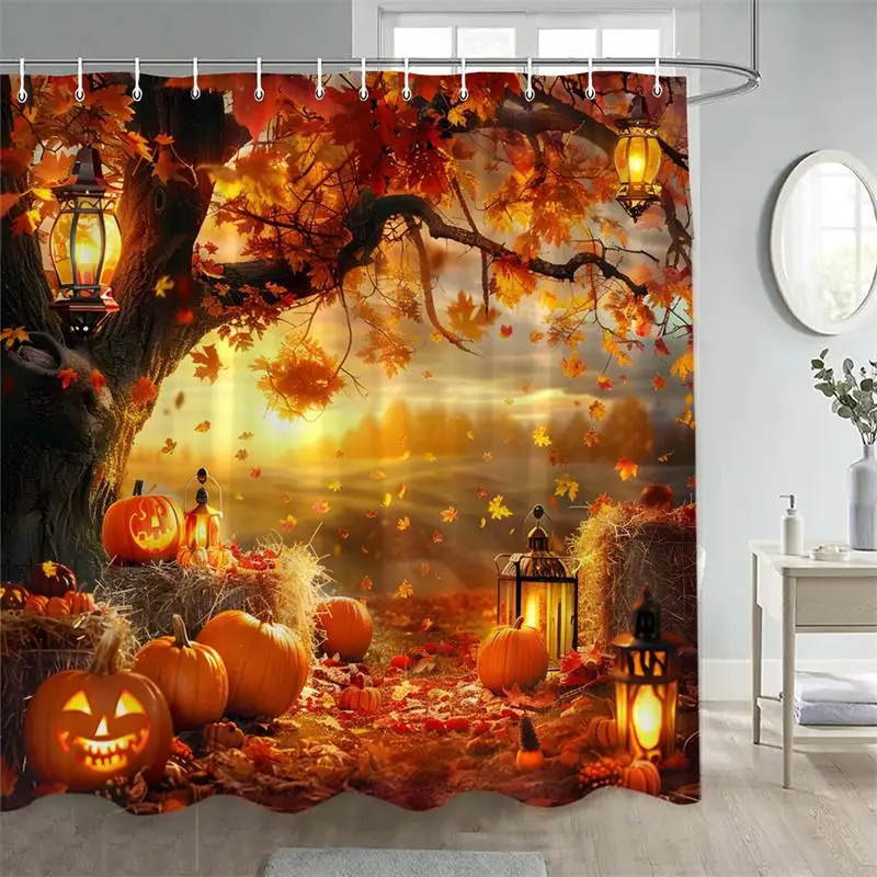 Autumn Barn Pumpkin Shower Curtain Sunflower Haystacks Window Fall Forest Landscape Polyester Bathroom Decor Curtains with Hooks