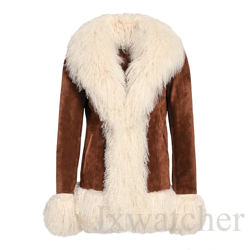 Jxwatcher Giacca in pelle da donna Rivestimento in pelliccia di pecora mongola Cappotto in vera pelle scamosciata da donna Giacca invernale calda in vera pelle Autunno