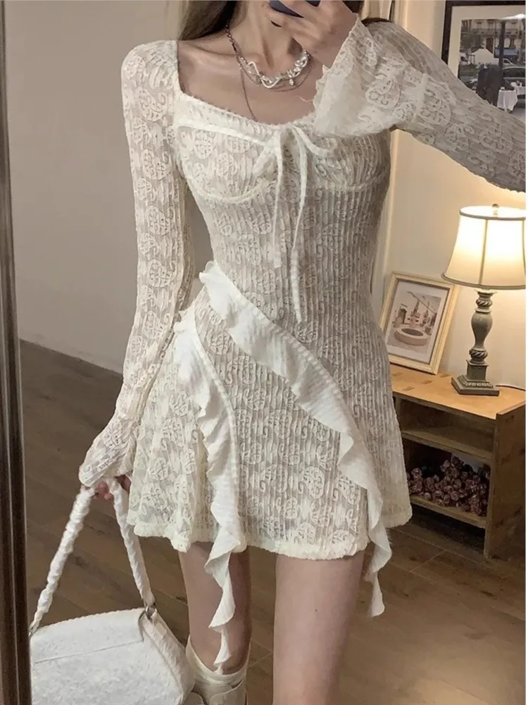 

2024 Autumn French Elegant Y2k Mini Dress Woman Flare Sleeve Ruffles Lace-up Slim A-line One Piece Party Robe Korean Fashion