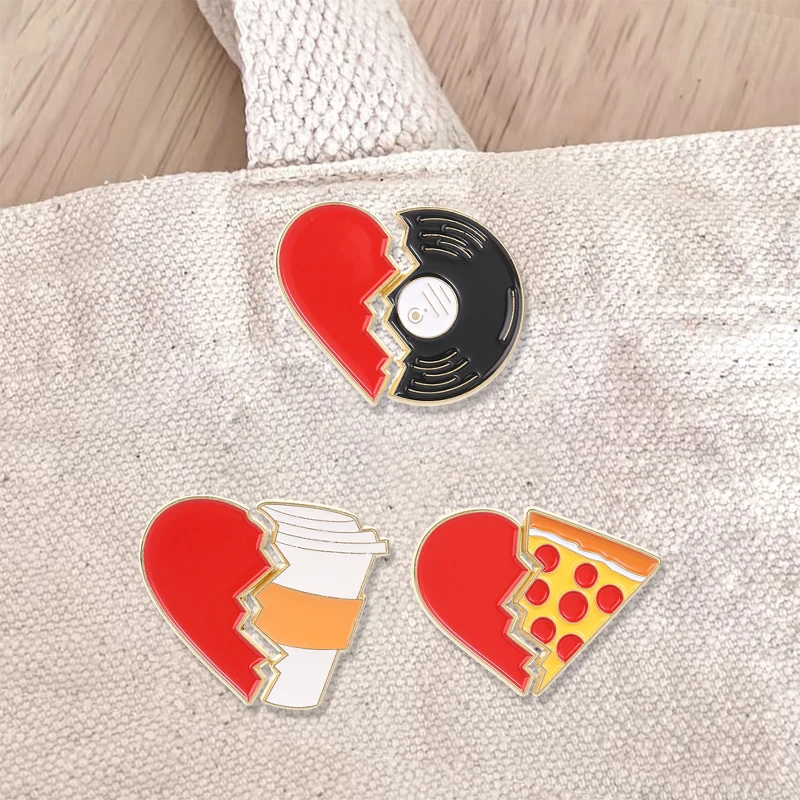 Emaille-Anstecker in Form eines gebrochenen Herzens, Pizza und Kaffee, Vinyl-Schallplatte, ästhetischer Anstecker, lustiges Geschenk für Feinschmecker, Brosche, Accessoires, Geschenke – Detail 3