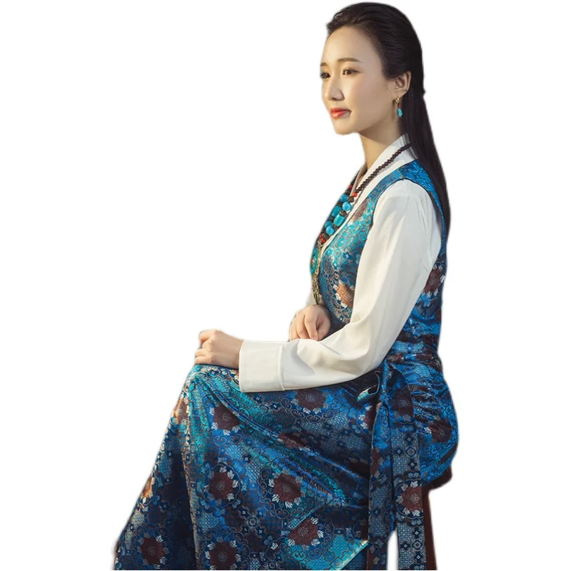 Tibetan Dress Elegant Women Dresses Oblique Collar Ethnic Style Traditional Chinese Clothing Lhasa Clothes Tibet