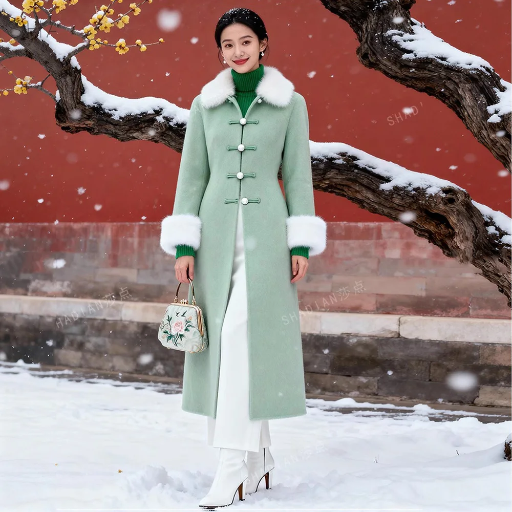 

New Women Elegant Cotton Liner Woolen Coat Autumn Winter Fashion Fur Collar and Cuff Single Breasted Slim Wool Blends Coat