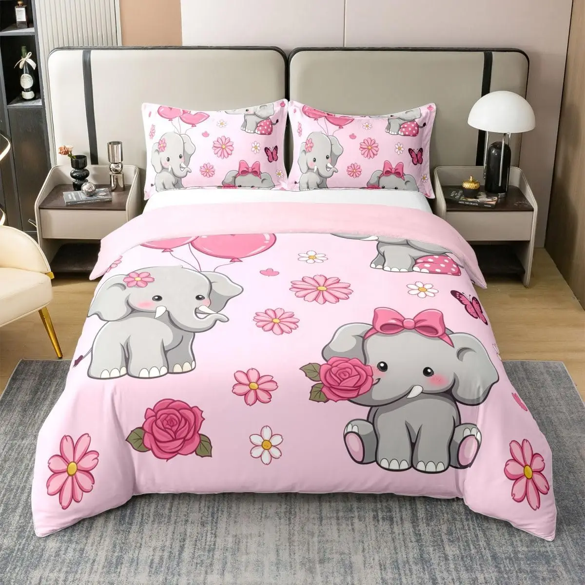 Cute Elephant Duvet Cover Queen Twin Wild Animal Pattern Bedding Set Boho Exotic Style Comforter Cover Cartoon Bedspread Cover