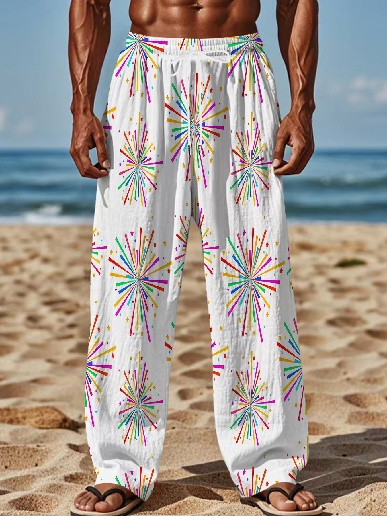 

2026 Men's Printed Straight Leg Pants Drawstring Waist Loose Fit Casual Summer Beach Wear Fashion Trendy Trousers