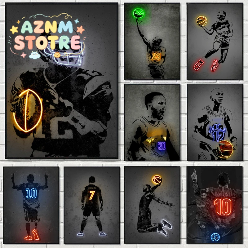 Neon Effect Sports Posters Basketball Players Graffiti Canvas Painting Football Art Print Wall Pictures for Bedroom Decor Cua