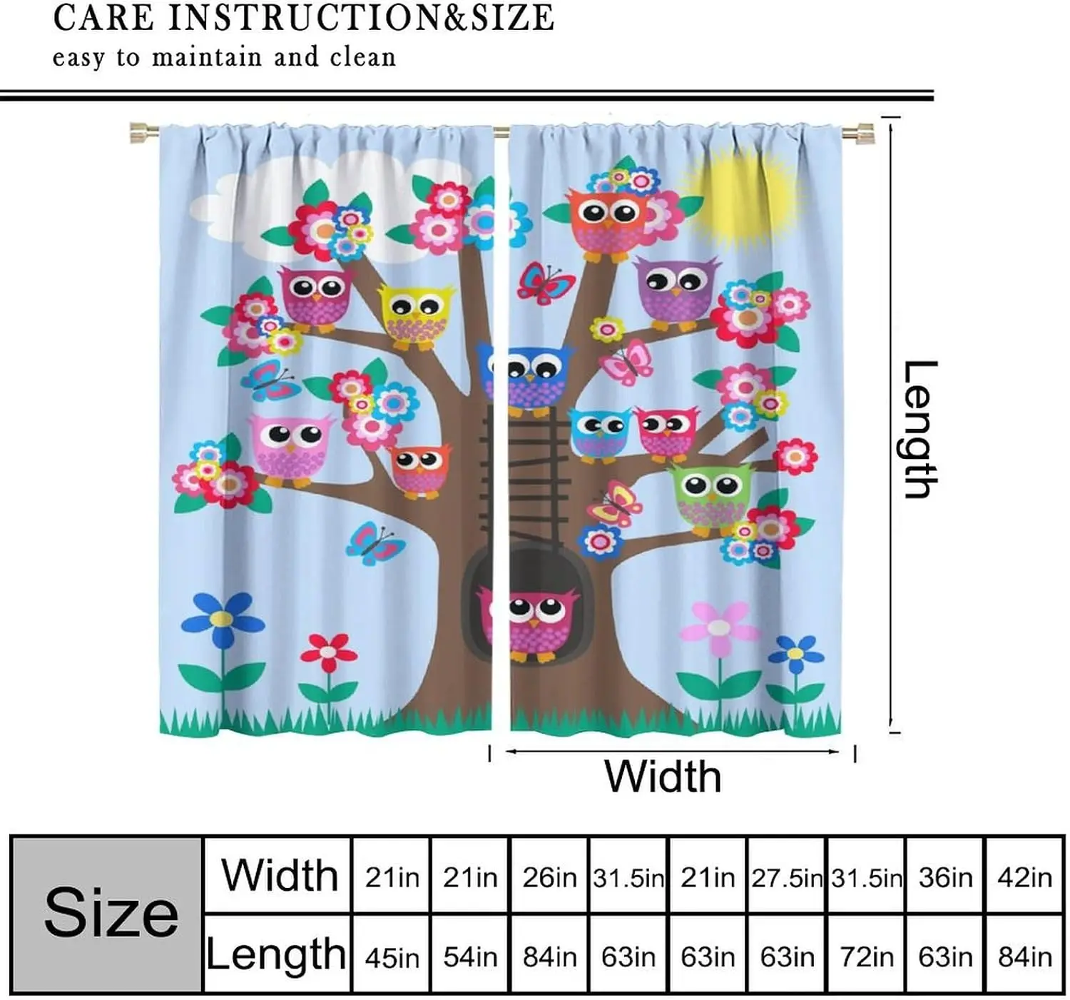 Cartoon Owl Tree Blackout Curtain Multicolor Bird Floral Butterfly Sunny Sky Rod Pocket Window Panels Rustic Toddler Room Wall