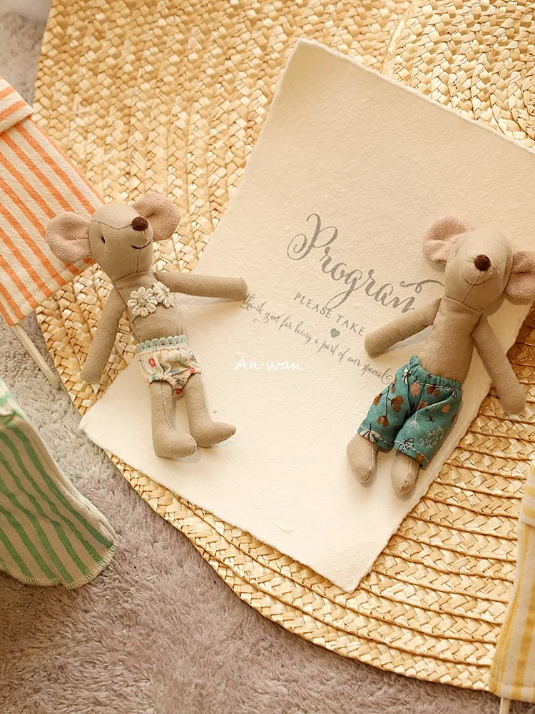 Beach Mice Plushie with Tent Chair Handmade Cute Little Mouse Stuffed Cloth Toys Dollhouse Mini Doll Soft Doll