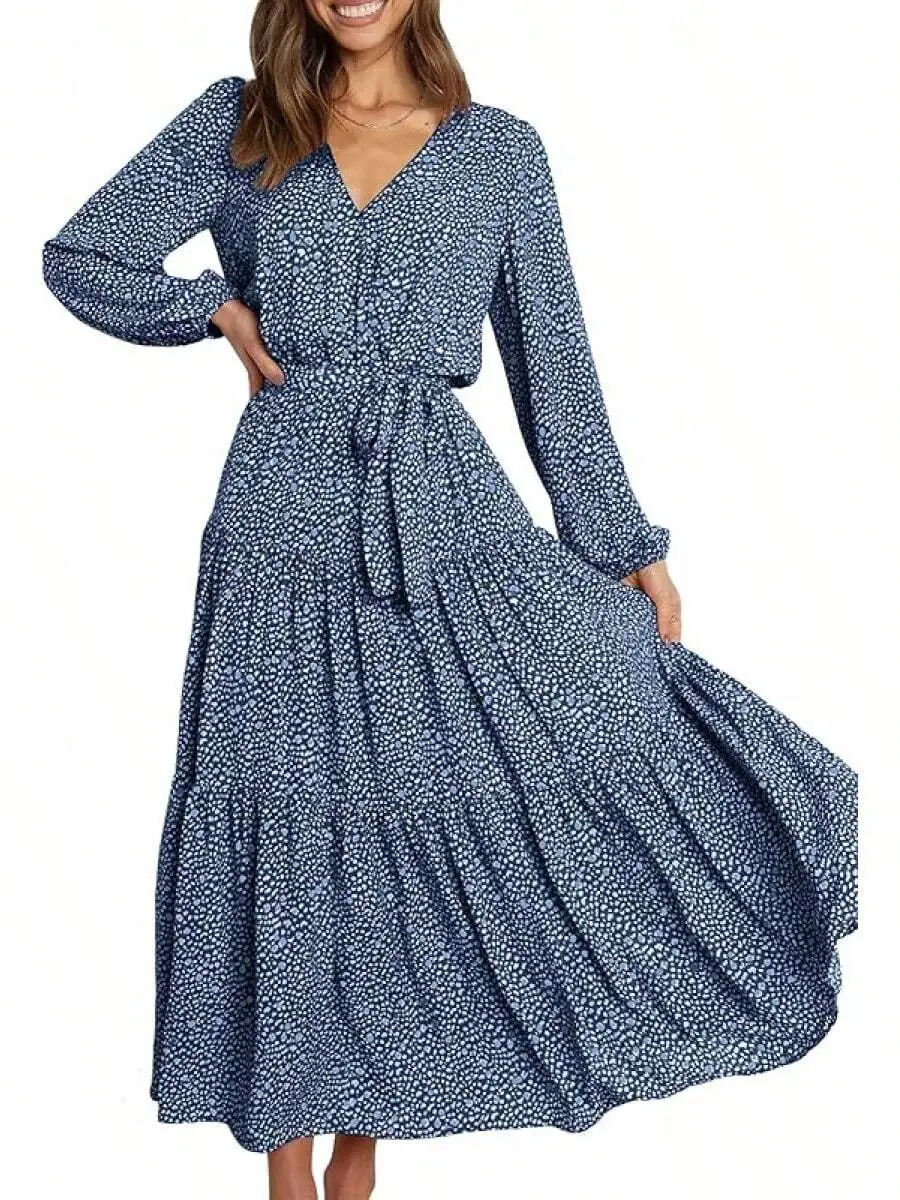 Vestido Maxi Floral con Volantes y Manga Larga para Mujer, Estilo Boho Casual con Cintura Ajustable, Vestido Fluido de Chifón para Primavera