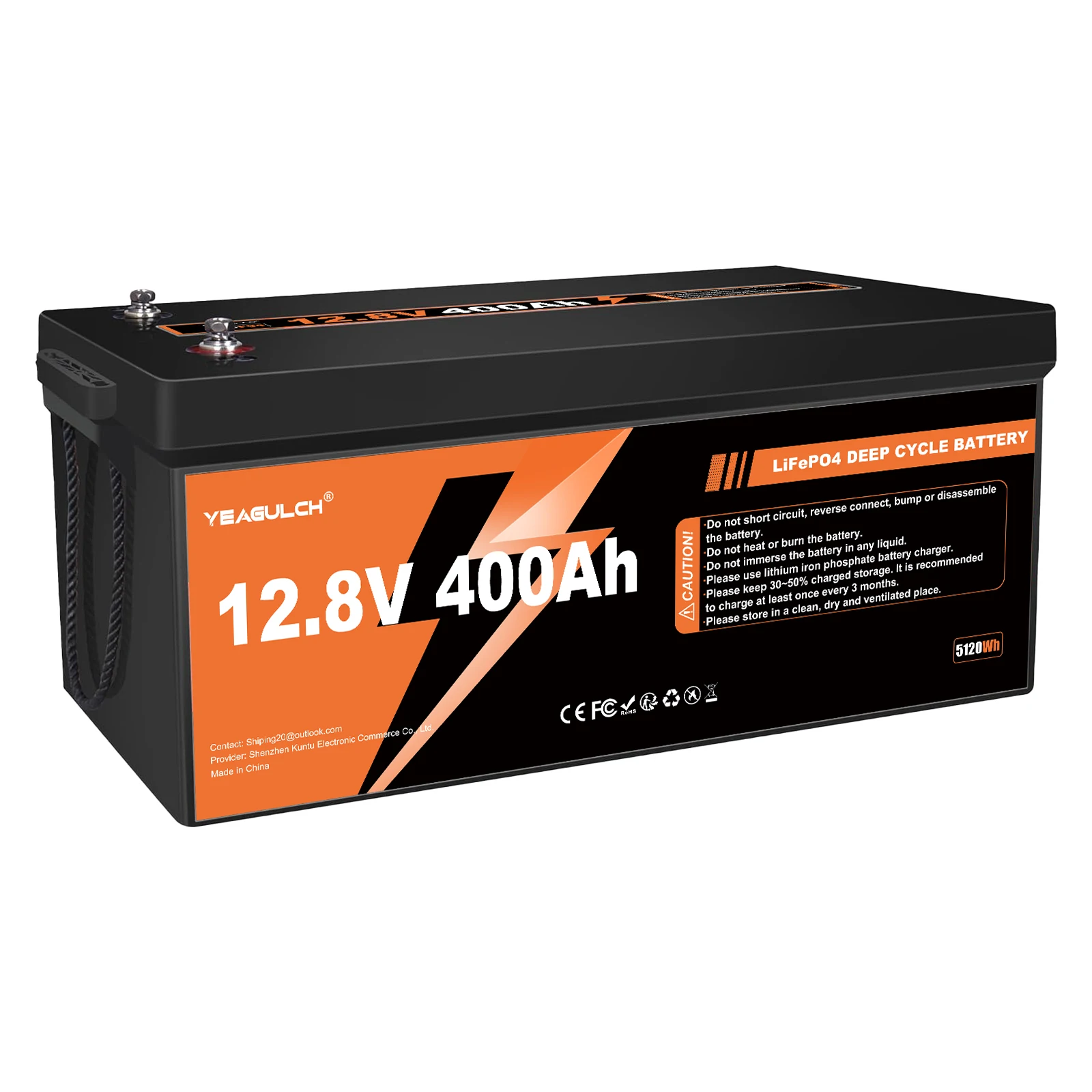 Yeagulch 12V 400Ah LiFePO4 Lithium Battery 5120Wh Energy with 200A BMS for RV Solar Off-grid Application Home Power Storage