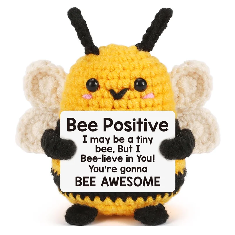 Handmade Knitting Wool Crochet Bee Dolls with Positive Energy Card Office Desk Home Decoration Figurine for Friend Birthday Gift
