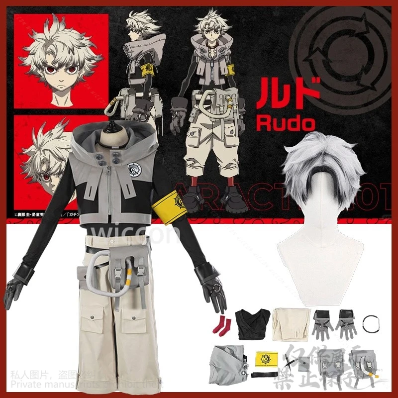 

=GACHIAKUTA Rudo Cosplay Costume Punk Street Hot Punk Sleeve Hooded Jacket Y2K Fashion Uniform Wigs Cos Customized