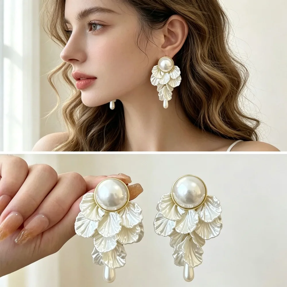 Women Elegant French Style Pearl Petal Tassel Earrings Trendy Statement Jewelry Daily Party Present Gift
