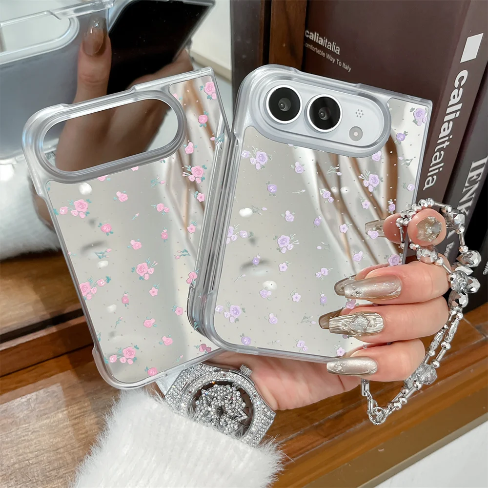 Tiny Rose Floral Mirror Phone Case For iPhone Duo Makeup Mirror Hard Shell With Crystal Bead Chain Pendant Shockproof Cover